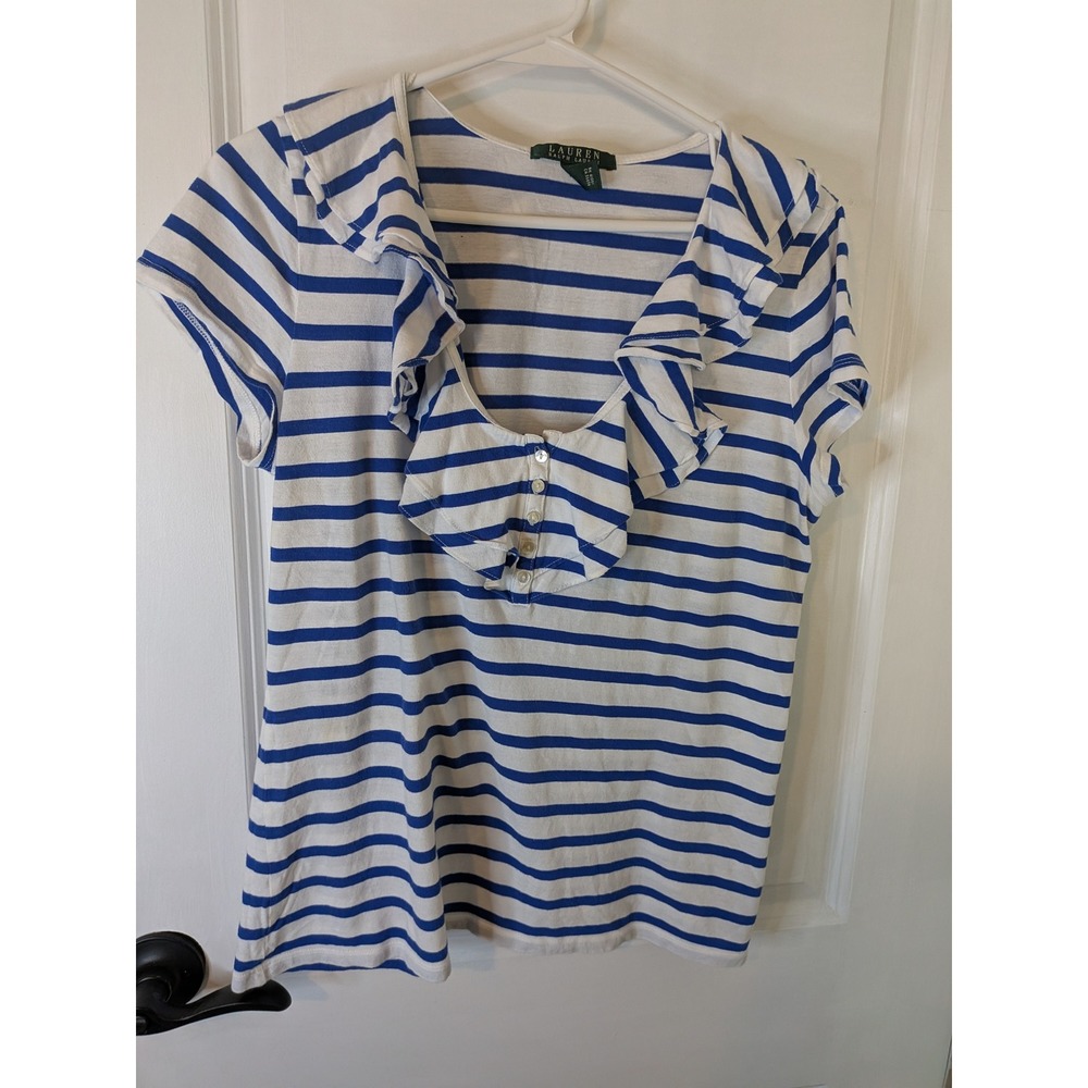 Lauren Ralph Lauren Blue White Striped Ruffle Collar Button Front Cotton Top L